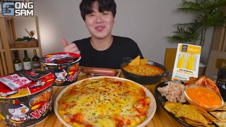 ASMR MUKBANG 편의점 핵불닭 미니!! 치즈 퐁듀 & 핫도그 & 치즈 피자 FIRE Noodle & HOT DOG & CHEESE PIZZA EATING SOUND!