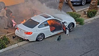 Driver pulled from car moments before it bursts into flames on Las Vegas strip