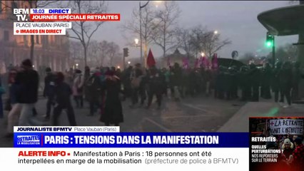 Download Video: Manifestation à Paris: des tensions éclatent entre certains individus et la police, place Vauban, à l'arrivée du cortège