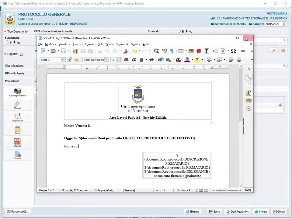 Protocollo lettera CUS con invio pec