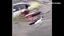Trafik kazasında dibe batan aracın camını kırarak yaptığı kahramanlık viral oldu!