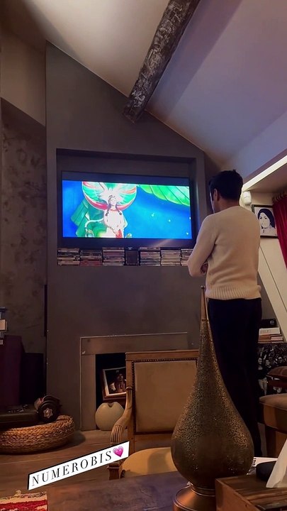 Jamel Debbouze regardant sa prestation dans Astérix et Obélix - Mission Cléopâtre à la télévision, sous le regard attendri de son épouse Mélissa Theuriau