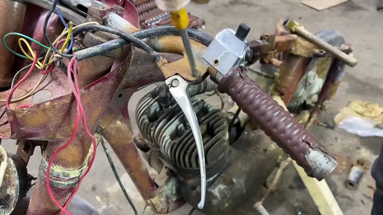 Restoration Abandoned Old Motorcycle JAWA from 1960s - two stroke engine