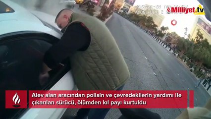 Alev alan araçtan saniyelerle kurtarıldı