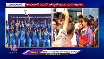 Minister Srinivas Goud Welcomes Telangana Cricketer Trisha At Shamshabad Airport _ V6 News