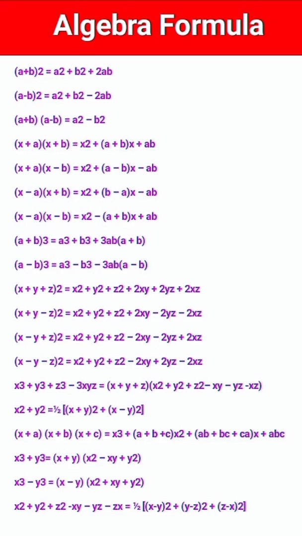 ⁣Class 10th algebra formula - 10th class maths algebra formulas - algebra formula chart#shorts #short