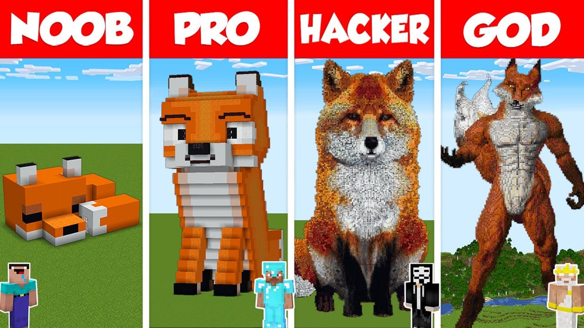 Minecraft FOX STATUE HOUSE BUILD CHALLENGE NOOB vs PRO vs HACKER vs