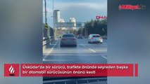 Trafikte tehlikeli anlar... Önünde seyreden aracın yolunu kesti