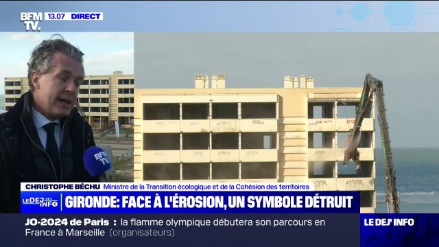 Christophe Béchu sur la démolition du Signal : C'est un chantier très symbolique, quand cet immeuble a été construit, il était à 200 mètres de la mer, il est maintenant à 20 mètres