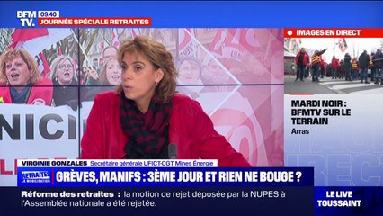 "Je pense qu'il va falloir passer à la vitesse supérieure": Virginie Gonzales (UFICT-CGT Mines Énergie) n'exclut pas "un blocage de l'économie" pour protester contre la réforme des retraites