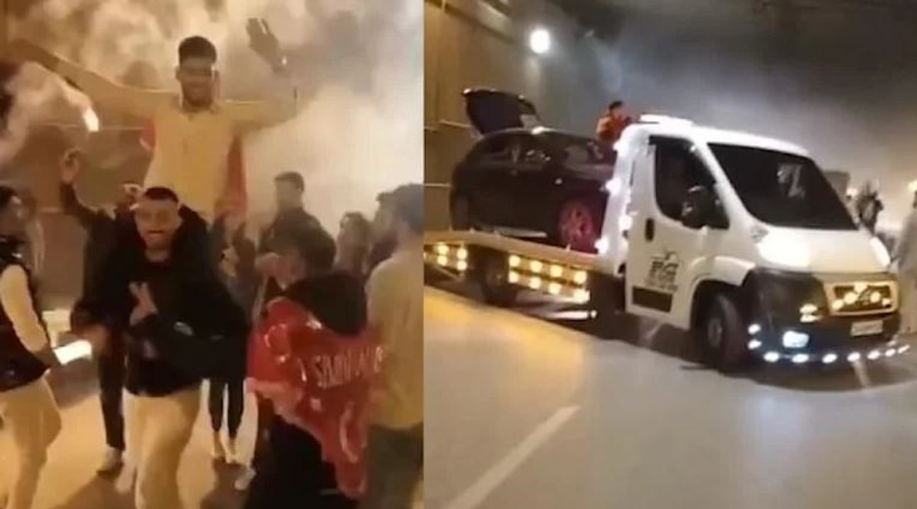 Konvoy ile yolu trafiğe kapatıp meşale yakarak halay çektiler