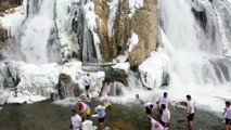 Vangölü Aktivistleri Derneği üyeleri, dondurucu soğukta Muradiye Şelalesi'nin sularında yüzdü