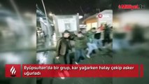 Kar altında halay çekip asker uğurladılar