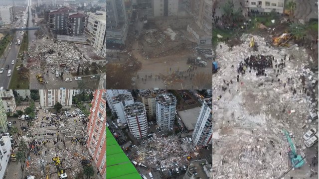 Depremin yarattığı enkaz havadan görüntülendi