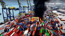İskenderun Limanında depremde devrilen konteynerlerde yangın meydana geldi