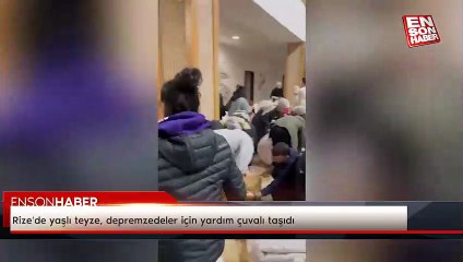 Rize'de yaşlı teyze, depremzedeler için yardım çuvalı taşıdı