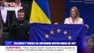 Drapeau européen à la main, Volodymyr Zelensky ovationné par les eurodéputés à Bruxelles