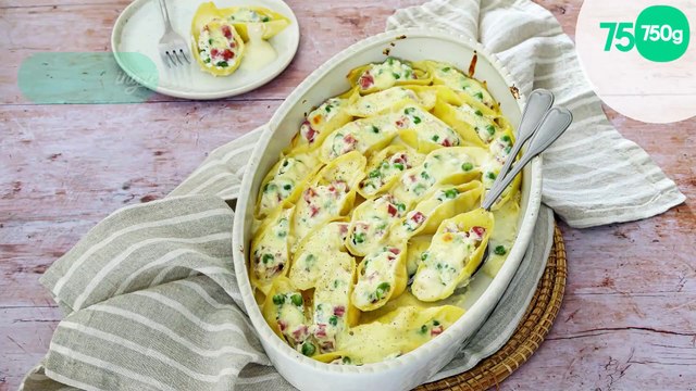 Conchiglioni farcis à la ricotta, petits pois et jambon