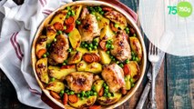 Poulet aux pommes de terre et carottes rôties et petits pois