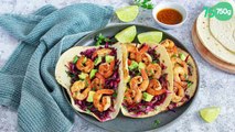 Tacos aux crevettes grillées et salade de chou rouge