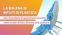 La balena di rifiuti di plastica, la scultura è stata realizzata con una tonnellata di rifiuti raccolti dalle strade di Kiev