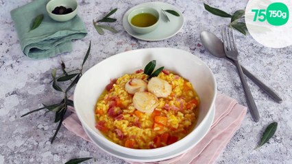 Risotto au potimarron, Saint-Jacques et bacon croustillant