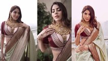 Nikki Tamboli Maroon Saree Deep Neck Blouse पर Heavy Jewellery पहन ढाया कहर, Video Viral | Boldsky