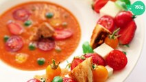 Gazpacho fraise tomate, huile de basilic, ribambelle de fraise tomates, mozzarella