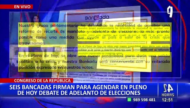 Congreso: Bancadas firman documento para retomar debate de adelanto de elecciones