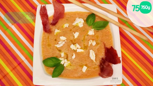 Soupe fraîche de melon au basilic, chèvre et Serrano grillé