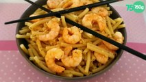 Crevettes sautées à l'ail et piment d'Espelette, pâtes au basilic