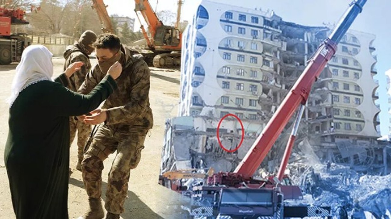 Kendisini kurtaran ekipteki özel harekat polisine sarılıp, gözyaşlarıyla enkazı izledi