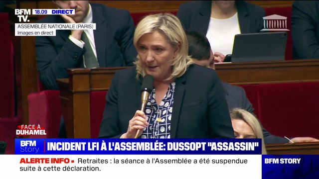 Marine Le Pen (RN): En politique, on n'a pas d'ennemis mais des adversaires , concernant l'accusation d''assassin' d'un député LFI envers Olivier Dussopt
