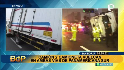 Camión y camioneta vuelcan en ambas vías de la Panamericana Sur