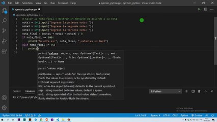 Sacar la nota final y mostrar un mensaje de acuerdo a su nota en Python