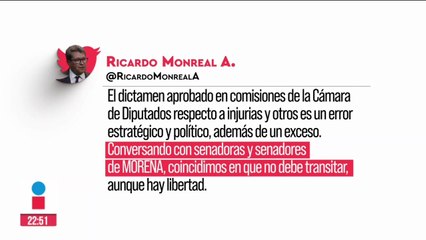 Dictamen que pretende castigar injurias “no debe transitar”: Monreal