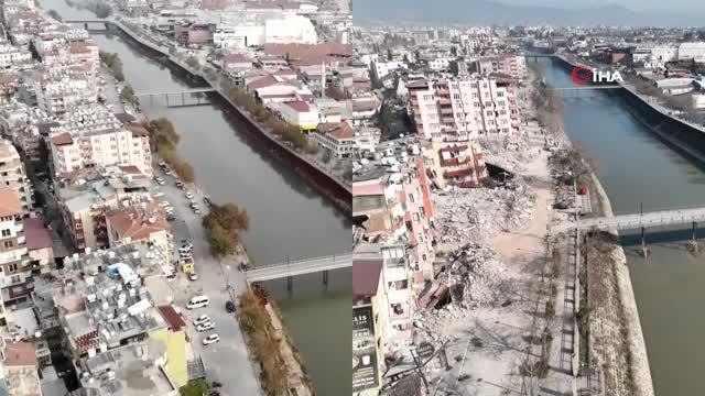Hatay merkezin depremden önce ve sonra çekilen görüntüleri afetin boyutunu gözler önüne serdi