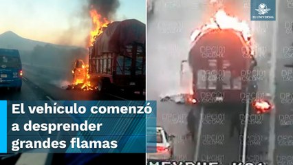Termina en llamas camioneta de carga sobre la México-Puebla