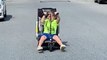 Kid loads trashed gaming chair on his scooter and drives home!