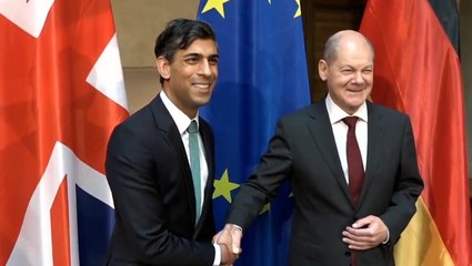 Rishi Sunak shakes hands with Olaf Scholz upon arrival at Munich Security Conference