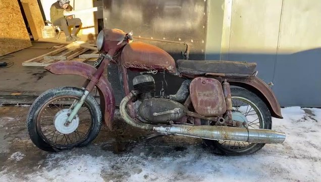 Restoration Abandoned Old Motorcycle JAWA from 1960s - two stroke engine