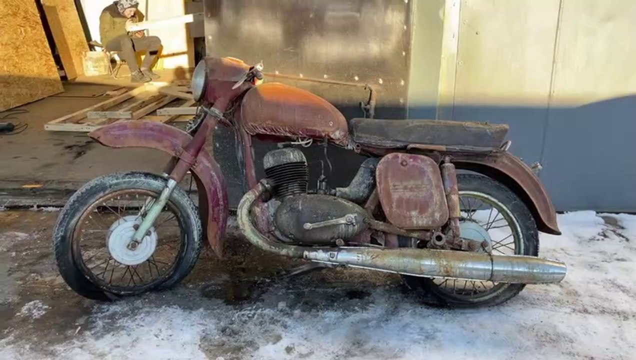 Restoration Abandoned Old Motorcycle JAWA from 1960s - two stroke engine