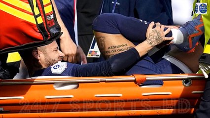 Neymar is taken off on a stretcher after suffering a sprained ankle during PSG's 4-3 win over Lille - leaving him facing a race against time to make Champions League second leg with Bayern Munich next month