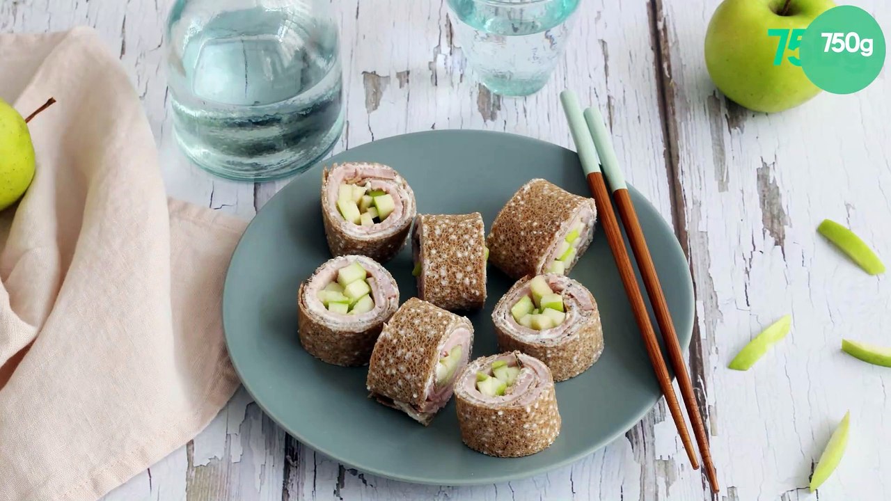 Makis de galettes de sarrasin à la pomme verte et rôti de porc