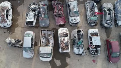 Depremde hasar gören araçlar dronla görüntülendi