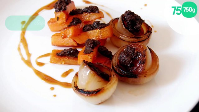 Frites de patate douce, oignons brûlés, tapenade