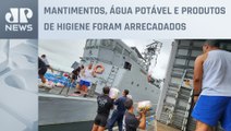 ‘Navio de guerra’ leva mais de 30 toneladas de doações ao litoral norte de SP