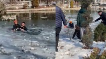 Depremzede çocuk buz tutan gölete düştü