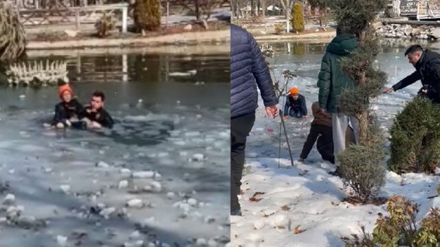 Depremzede çocuk buz tutan gölete düştü