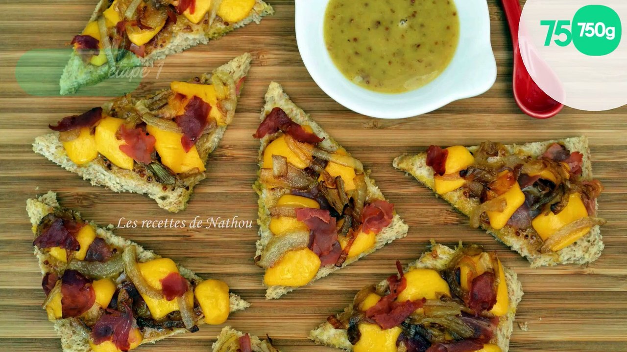 Tartines moutarde et miel, cheddar, bacon et oignons confits au balsamique
